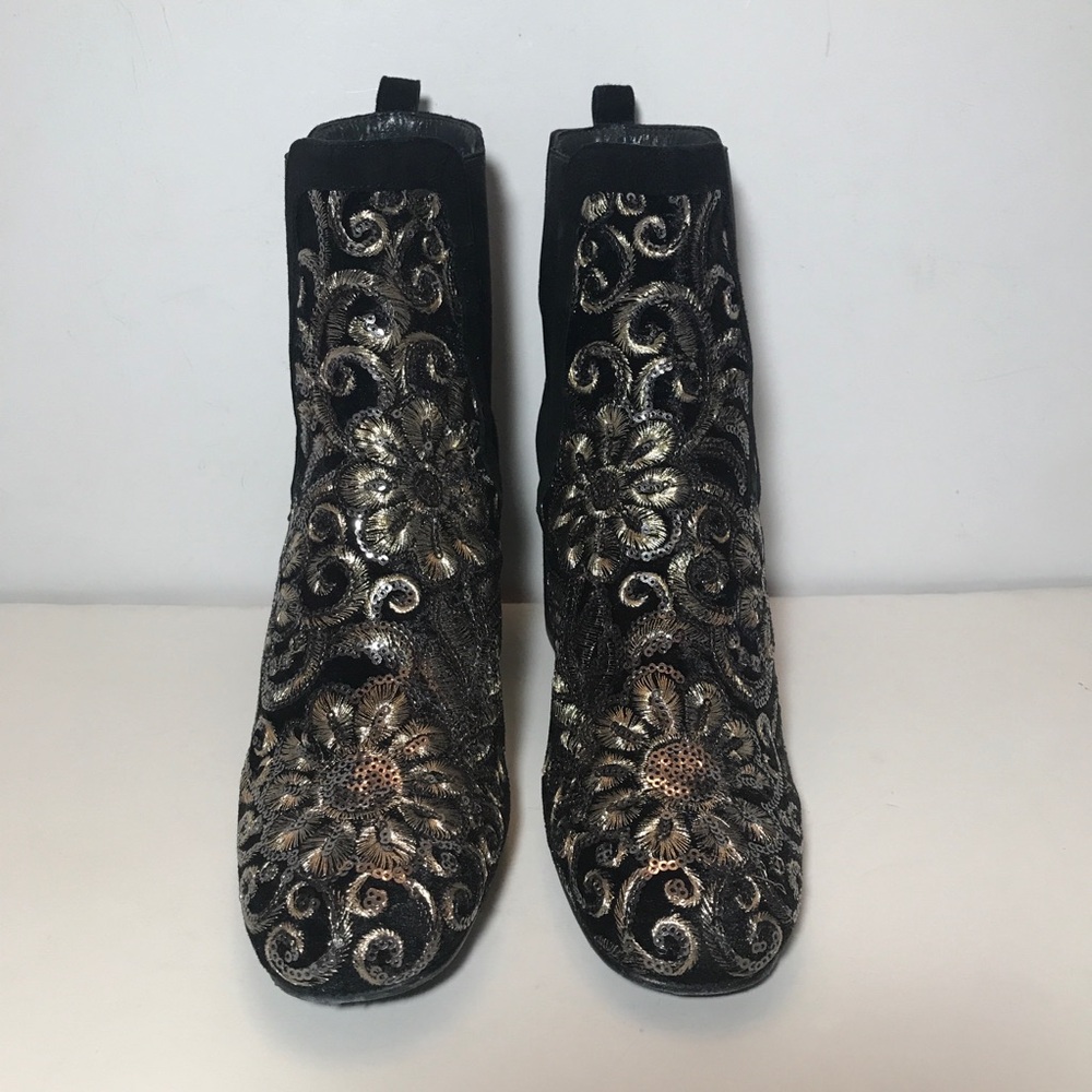 Stuart Weitzman Mediate Black Radiant Velvet Gold Embellished Suede Boots 8M